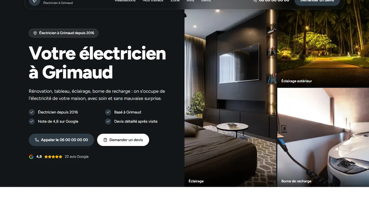 Exemple de site d'électricien, vu sur ordinateur