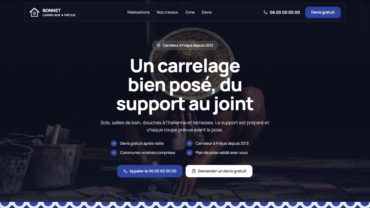 Site d'exemple de Carrelage Bonnet, carreleur fictif à Fréjus, vu sur ordinateur