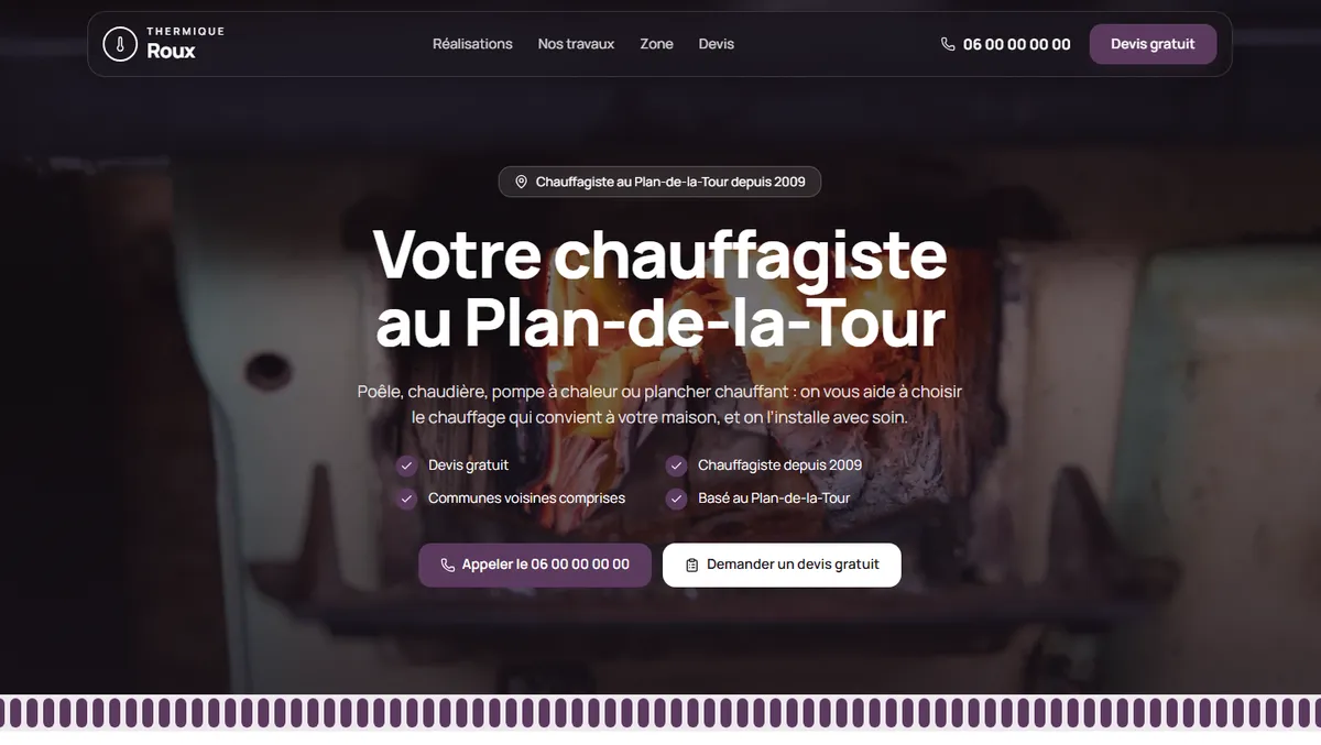 Site d'exemple de Thermique Roux, chauffagiste fictif au Plan-de-la-Tour, vu sur ordinateur