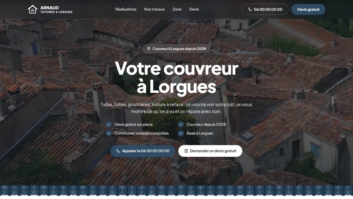 Haut du site d'exemple de Toitures Arnaud, couvreur fictif à Lorgues, vu sur ordinateur