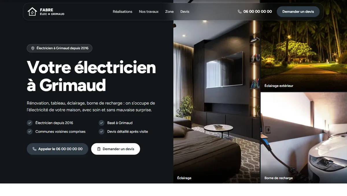 Haut du site d'exemple d'Élec Fabre, électricien fictif à Grimaud, vu sur ordinateur