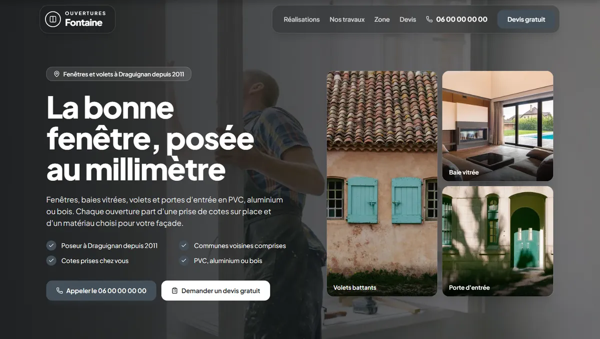 Site d'exemple d'Ouvertures Fontaine, poseur fictif de fenêtres et volets à Draguignan