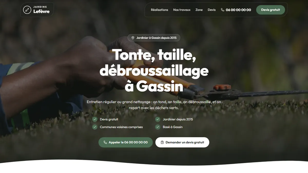 Site d'exemple de Jardins Lefèvre, jardinier fictif à Gassin, vu sur ordinateur