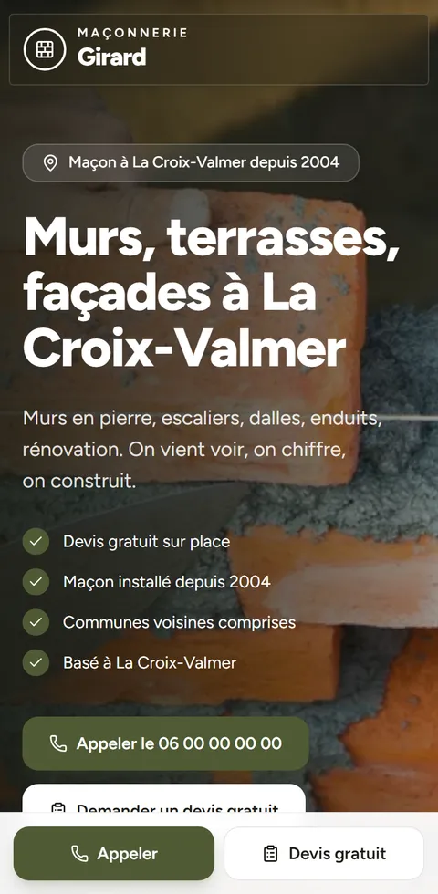 Site d'exemple de Maçonnerie Girard, maçon fictif à La Croix-Valmer, vu sur téléphone