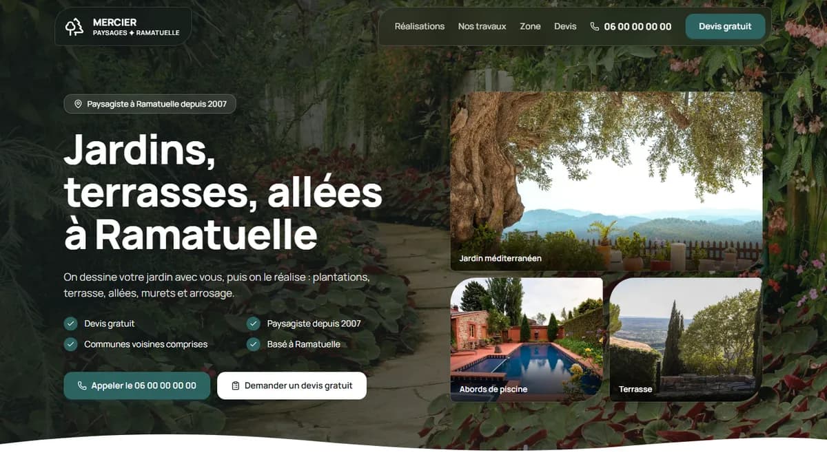 Haut du site d'un paysagiste fictif à Ramatuelle : titre, boutons d'appel et de devis, photos d'un jardin