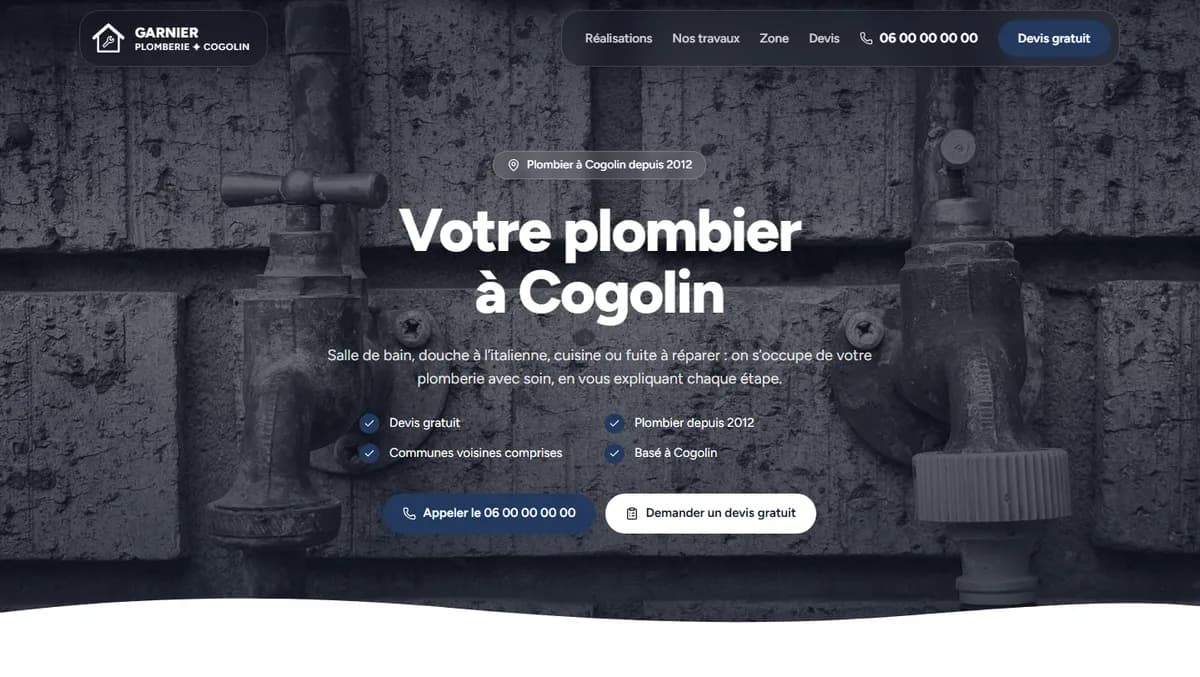 Site d'exemple de Plomberie Garnier, plombier fictif à Cogolin, vu sur ordinateur