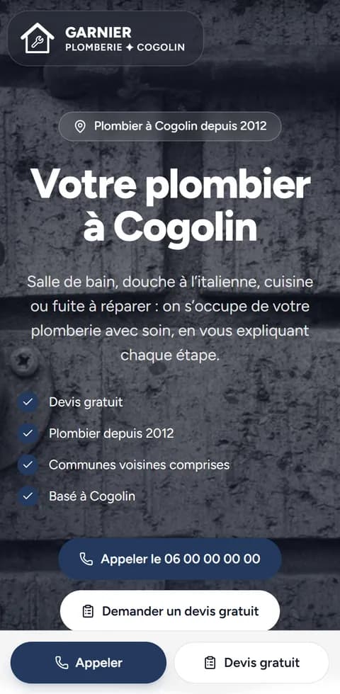 Site d'exemple de Plomberie Garnier, plombier fictif à Cogolin, vu sur téléphone