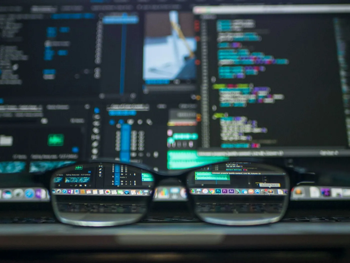 Lunettes au premier plan devant des écrans affichant du code et des interfaces techniques
